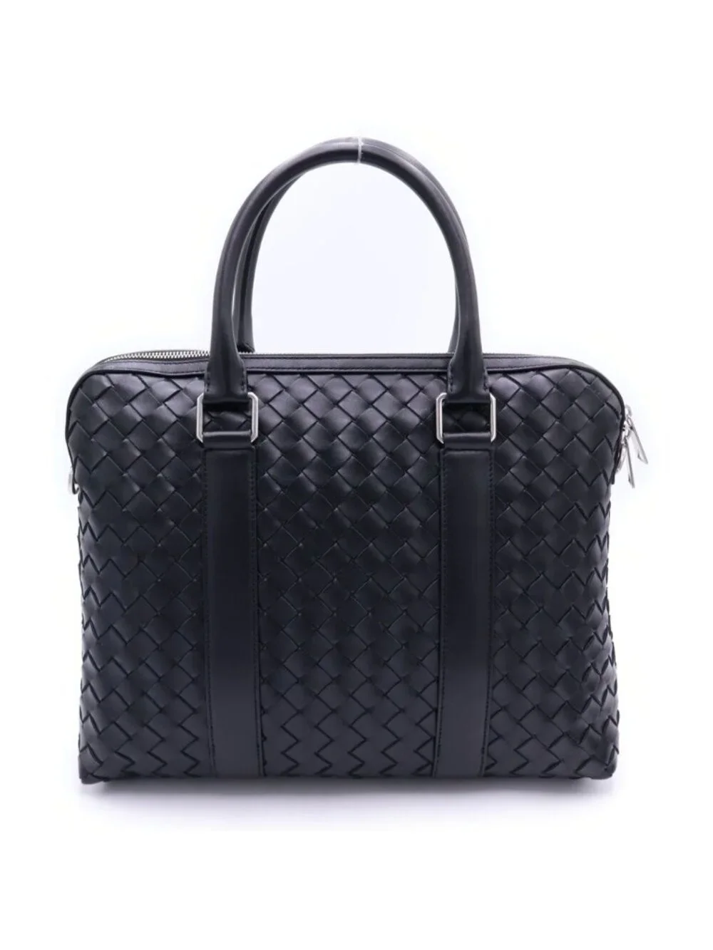 Bottega Veneta Intrecciato Briefcase Business Shoulder Bag Black Leather Silver